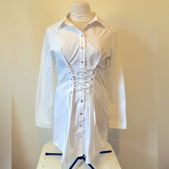 NWT Missguided White Lace Up Corset Waist Mini Dress Blouse Tunic 8 M - Picture 2 of 11